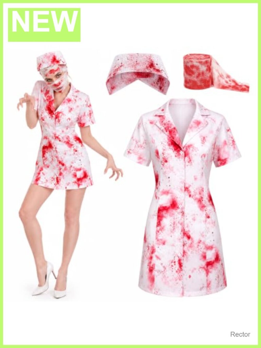 Halloween Horror Nurse Costume Set Dress Hat Gauze Bandage Cosplay